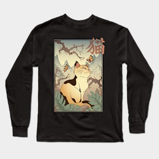 Japanese style cat landscape Long Sleeve T-Shirt